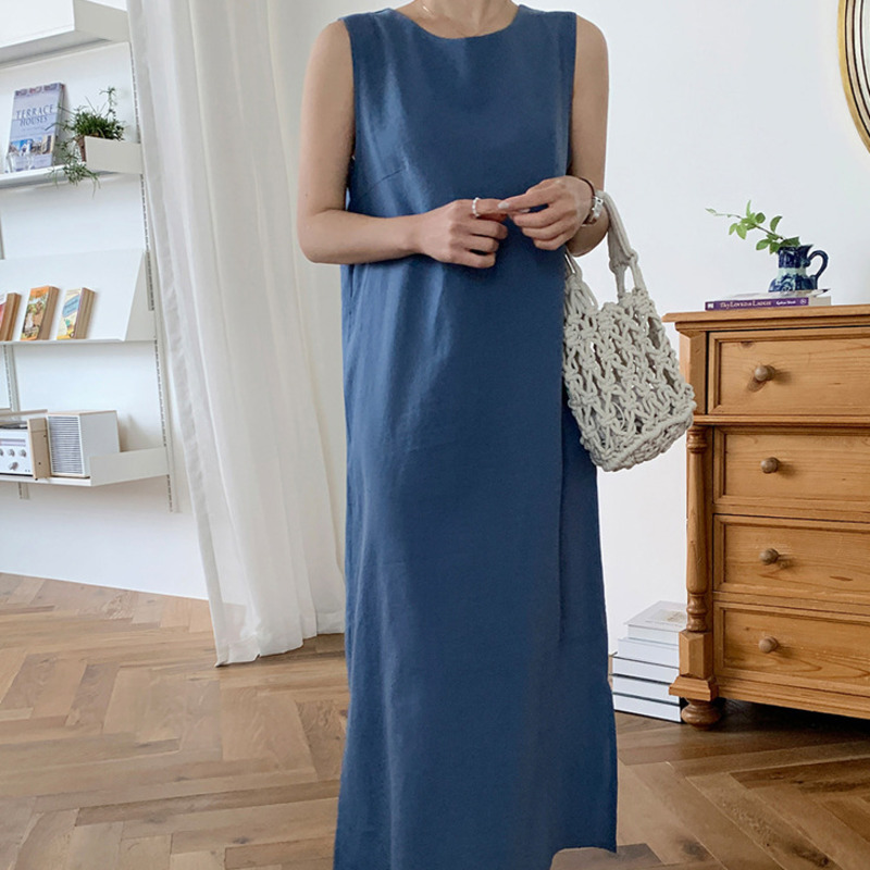 Casual Midi Dress Cotton Hemp Sleeveless Vest Belt Temperament Loose Fashion Summer Women's High Waist 210526