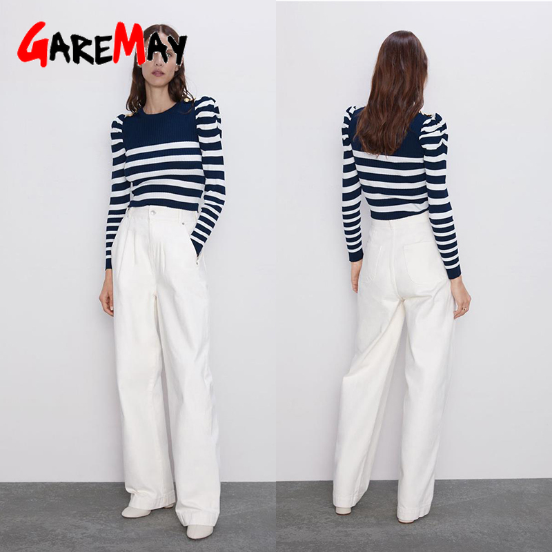 Stripe Sweater Women Autumn Winter Long Sleeve Button Shoulder Crop Striped Ladies Elegant Skinny Jumpers Pullover 210428