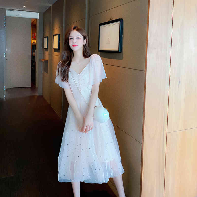 French Elegant Sequins Dress Vintage Mesh Women Fairy Summer Dress Sweet Kawaii Clothing Female Long Dress Spring 210515
