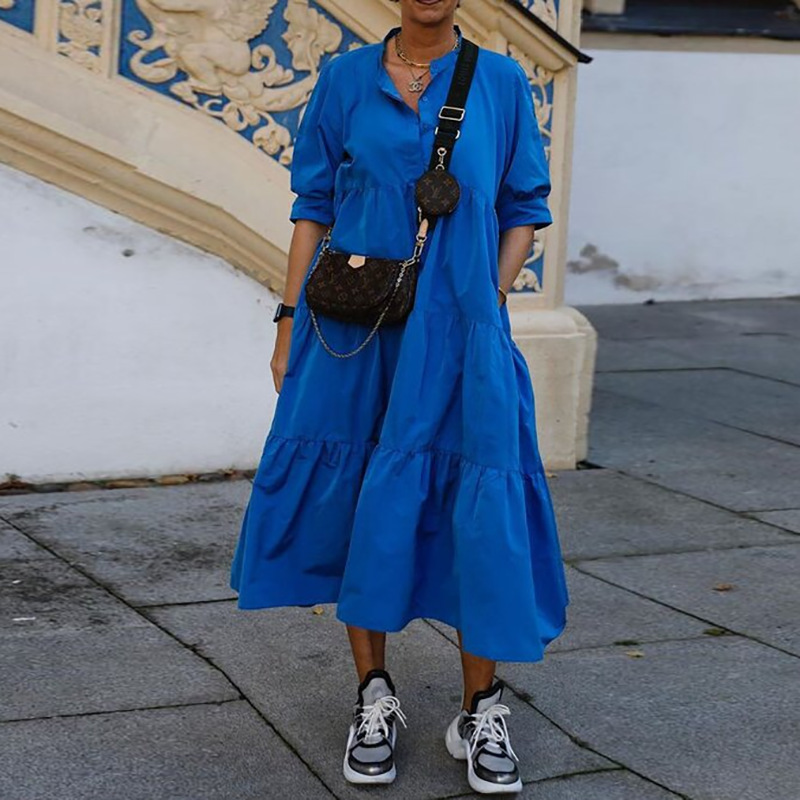 Women Dress Puff Sleeve Casual Blue Gresses Plus Size Loose Long Dresses Summer Clothes 210513