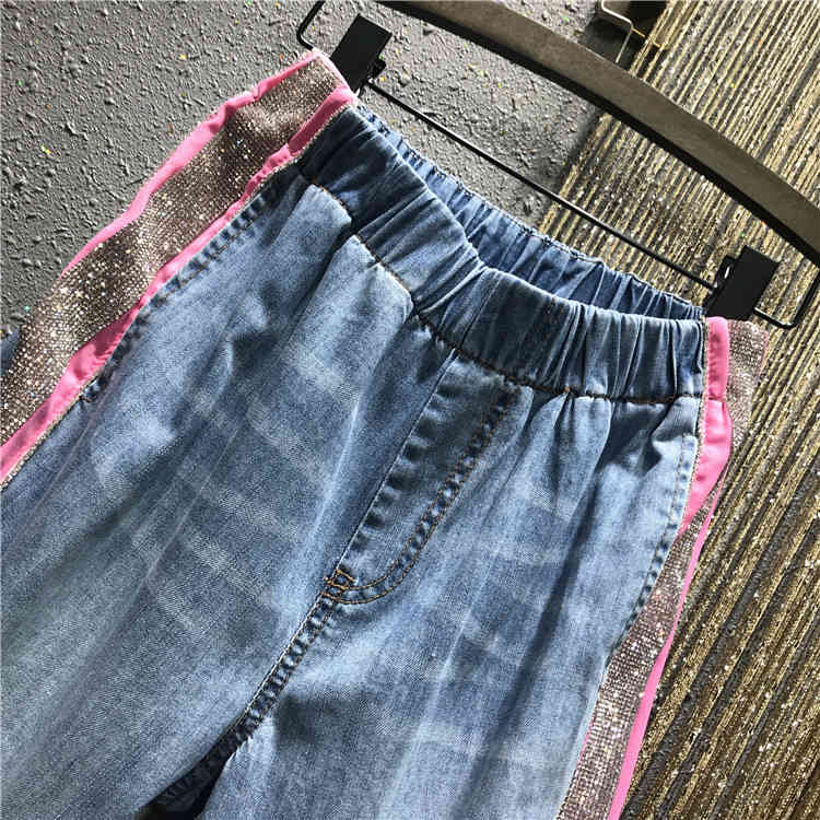 Summer Casual Jeans Woman Long Trousers Cowboy Female Loose Streetwear Rhinestones Splice Denim Pants ZA4295 210427