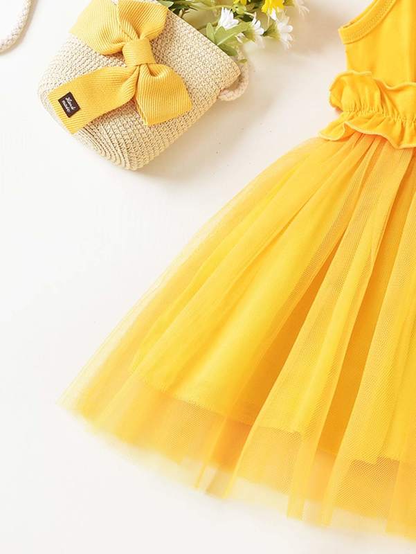 Toddler Girls Overlap Collar Ruffle Trim Contrast Mesh Cami Dress SHE