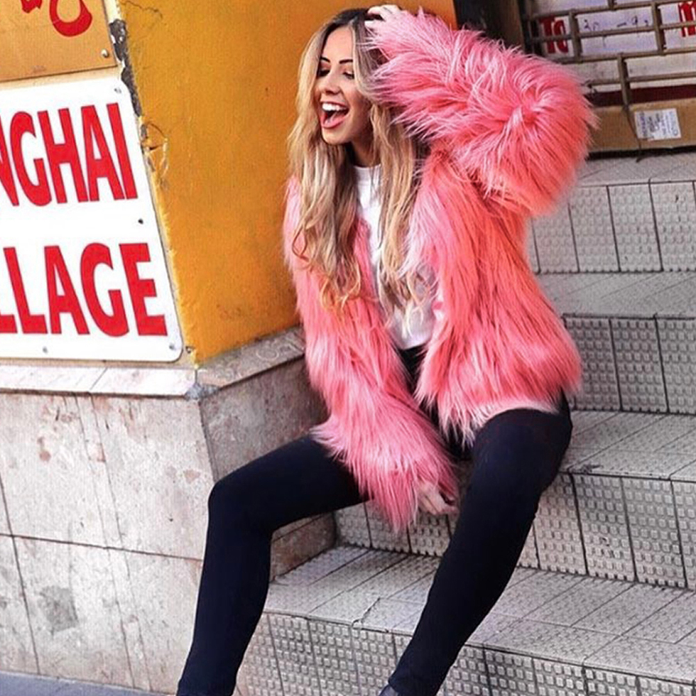 Fashion Furry Faux Fur Coat Women Fluffy Warm Long Sleeve Female Outerwear Autumn Winter Coat Jacket Hairy Collarless Overcoat