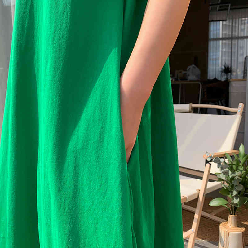 Minimalist Green Dress Women's Summer Round Neck Loose Short Sleeve Mid-calf Dresses Female Fashion 5E370 210427