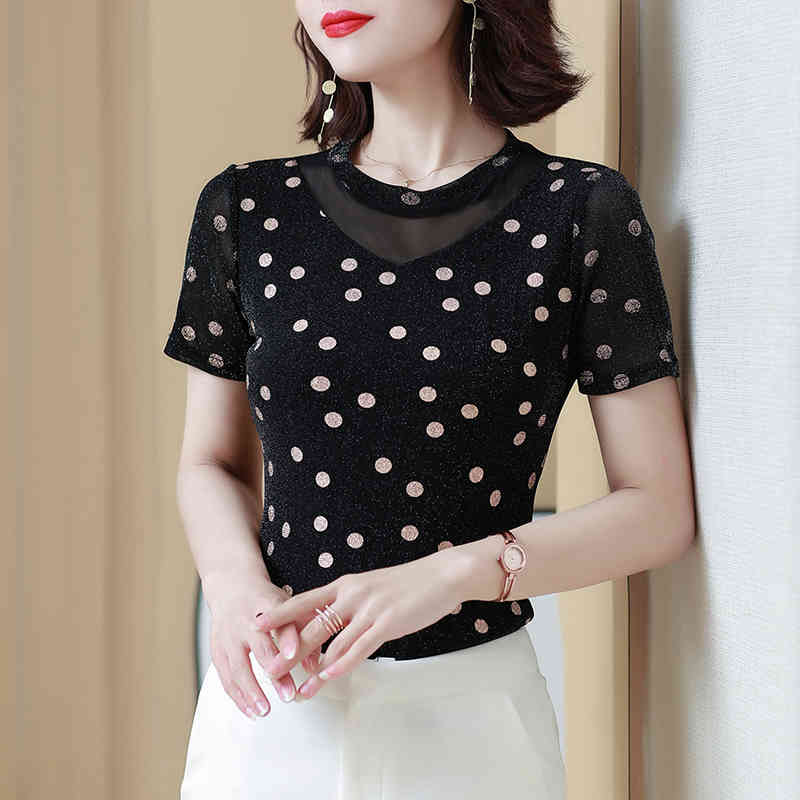 Summer Short-Sleeve Shirts Women Casual Polka Dot Mesh Tops Blouse Plus Size 4XL Pullover Clothes Blusas 9157 50 210506