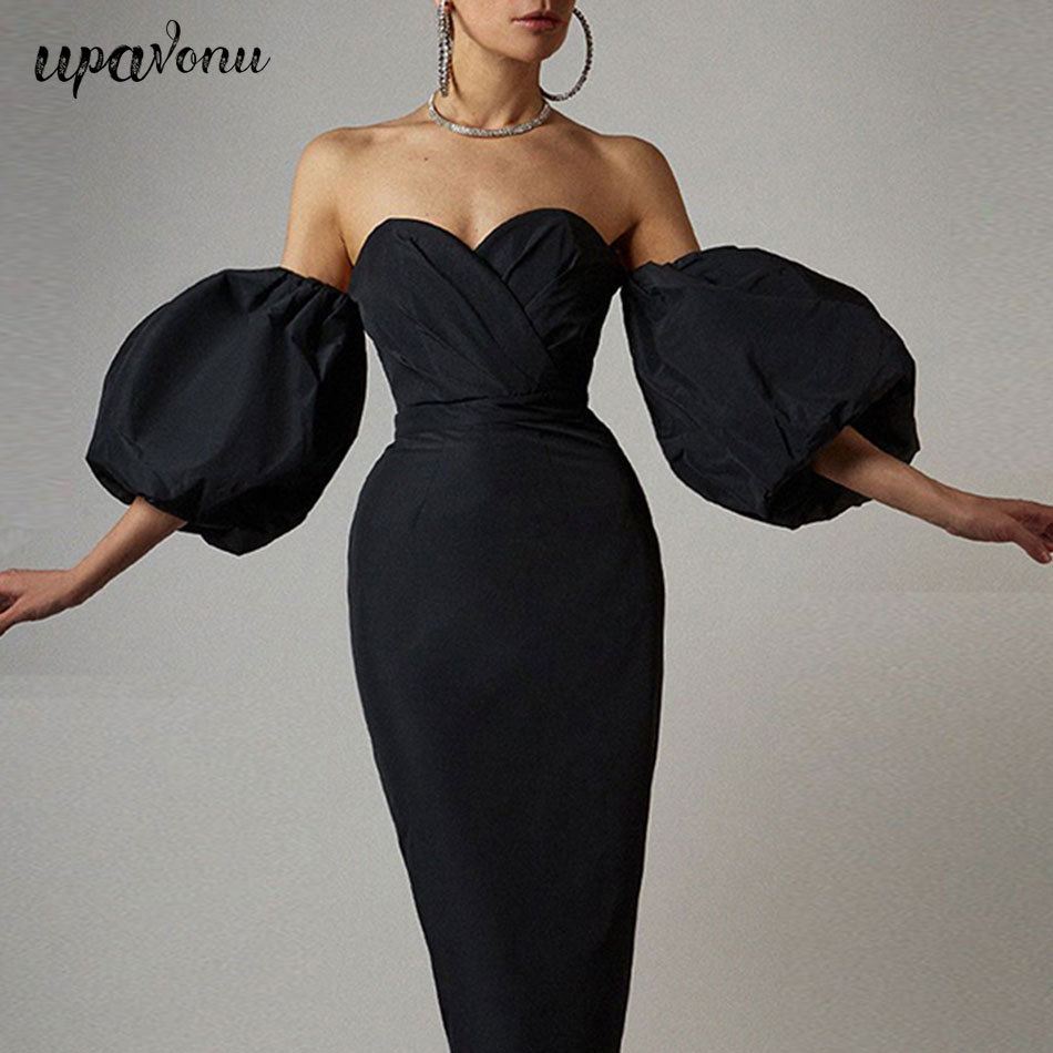 Free Summer Women Fashion Off Shoulder Black Dress Sexy Lantern Sleeve Pink Club Celebrity Evening Party 210524