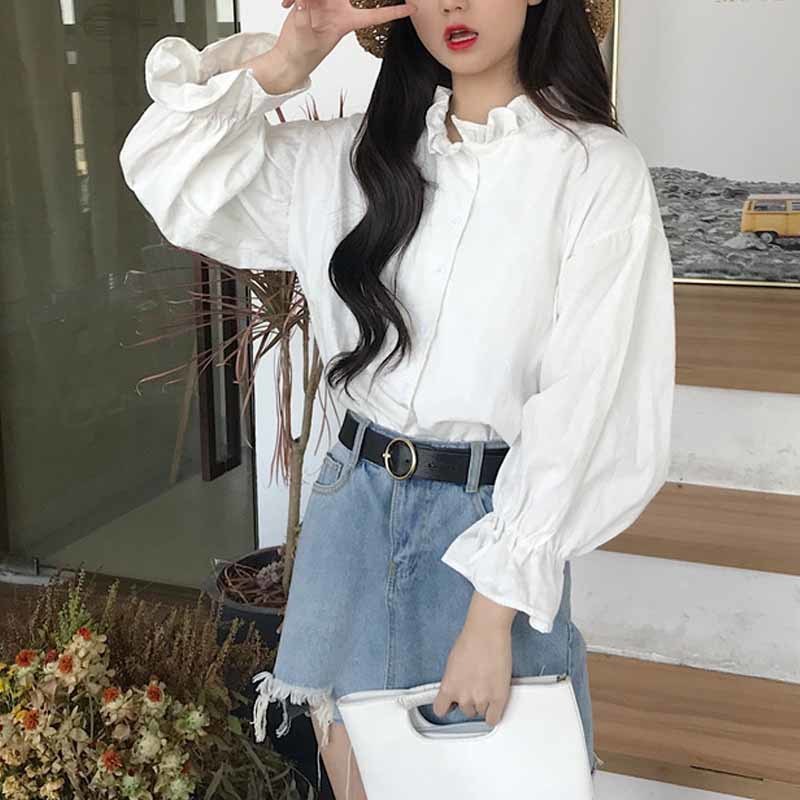 All-match Women Stylish Autumn White Solid Blouse Shirt Korean Style Long Sleeve Kawaii Casual Tops 11359 210508