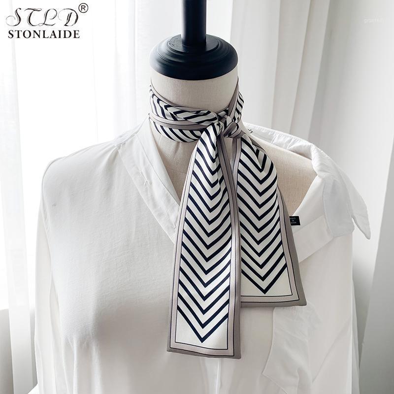 Flat Angle Ladies Silk Scarves Spring Summer Striped Printing Women's Neckerchiefs Korean Long Bag Ribbon Women Satin Headbands, Blue;gray 
Flat Angle Ladies Silk Scarves Spring Summer Striped Printing Women's Neckerchiefs Korean Long Bag Ribbon Women Satin Headbands, Blue;gray