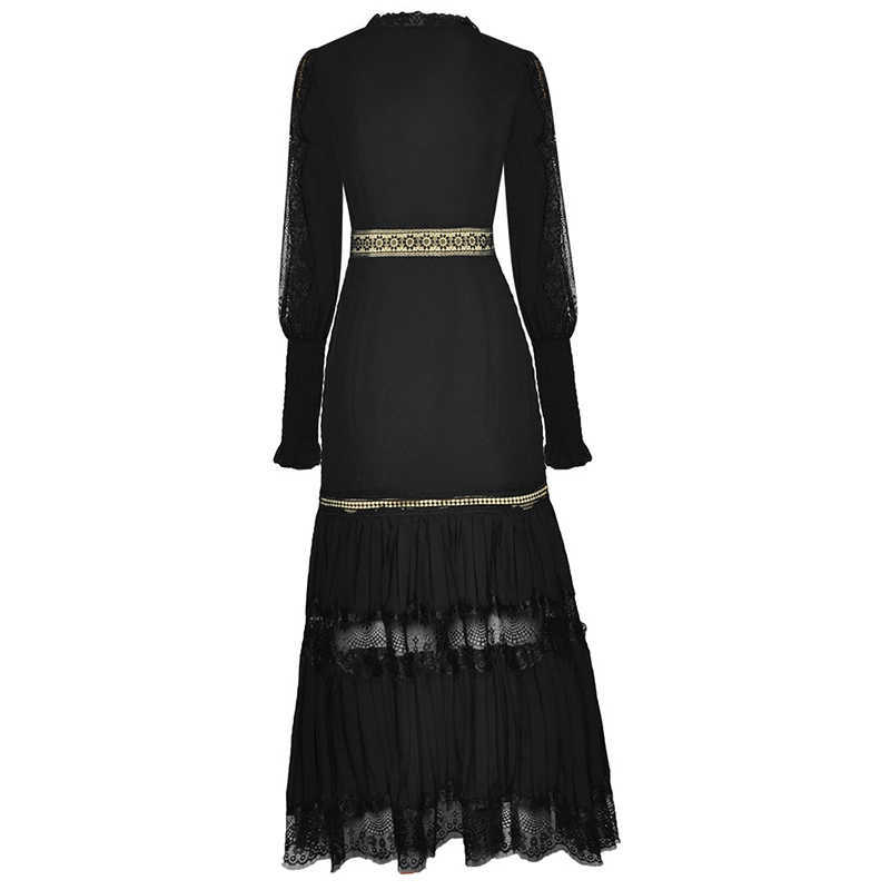 Black Patchwork Lace Dress For Women V Neck Lantern Long Sleeve High Waist Pleated Midi Dresses Female Fashion 210531