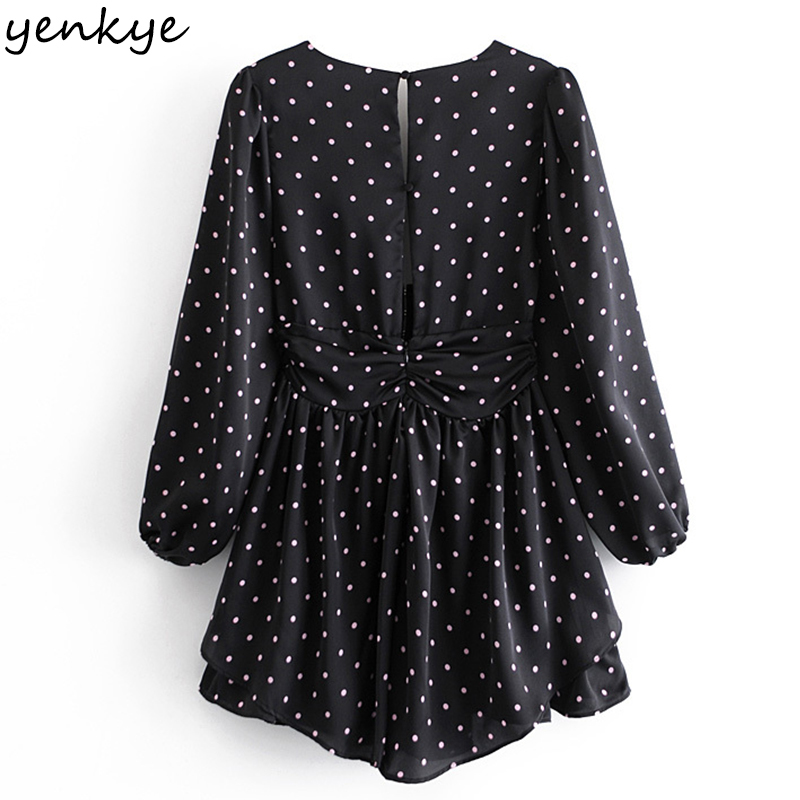 YENKYE Spring Women Vintage Polka Dot Mini Dress Fashion Lady Sexy V Neck Lantern Sleeve A-line Hem Ruffle Dress 210515