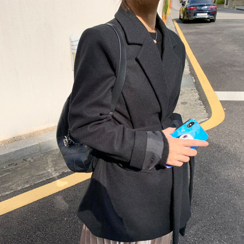 Loose Women Plus Size Vintage Solid Brief Feminine Woolen Warm All Match Retro Chic Office Lady Blazer 210421