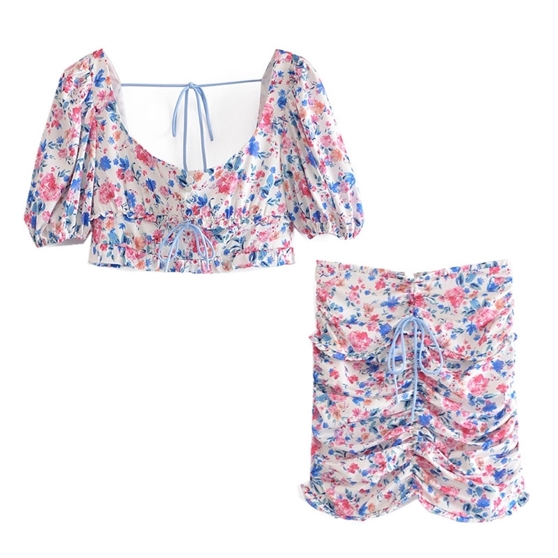 Holiday Lacing up Floral Print Short sleeve Lace Crop Top Sexy Women Package hips Ruched Mini Skirt Set Summer 210429