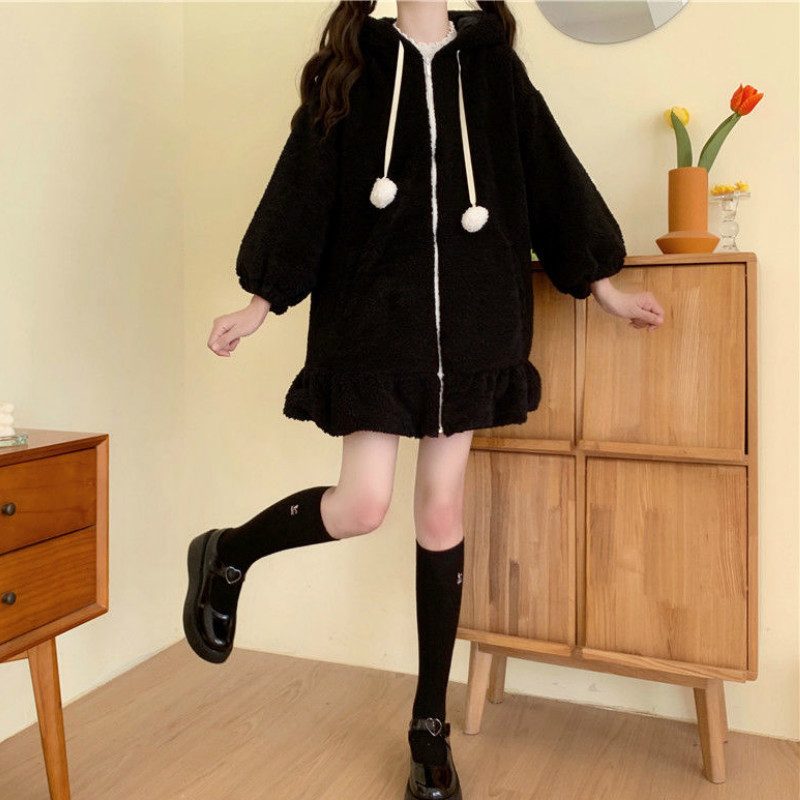 Wonder Sweet Warm Fur Coat Winter Rabbit Hat Loose Kawaii Zipper Thick Female Casual Korean Overcoat 210510