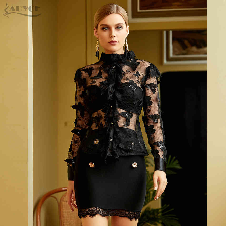 Summer Women Long Sleeve Bandage Sets Sexy Lace Buttons Club Celebrity Runway Party Black 3 Three Pieces 210423