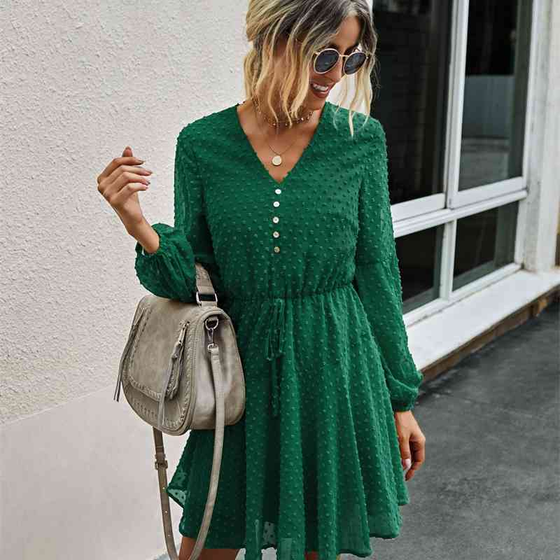 Fashion V-Neck Long Sleeve Solid Color Women's Dress Autumn Lovely Sweet Cute Lantern Princess Fold Mini 210522