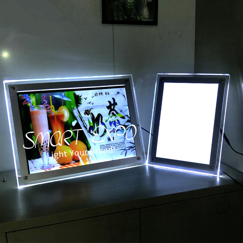 A3 Counter Crystal Light Box Advertising Display Featuring Free Standing on Table Supported by Steel Bolts and Wooden Case Packing
