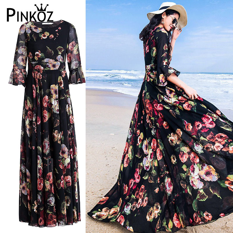 peony flower printed flare Sleeve Spring Fashion Long Dress Beach Bohemian Maxi dress Plus Size 210421