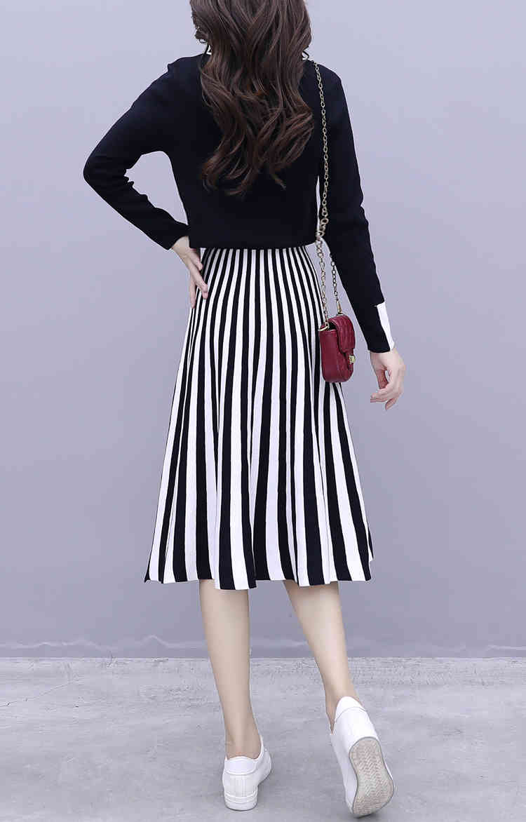 Autumn Two Piece Set Women Elegant Bow tie Knit Pullover Sweater Top + Stripe pleated Midi Skirt Suit 210519