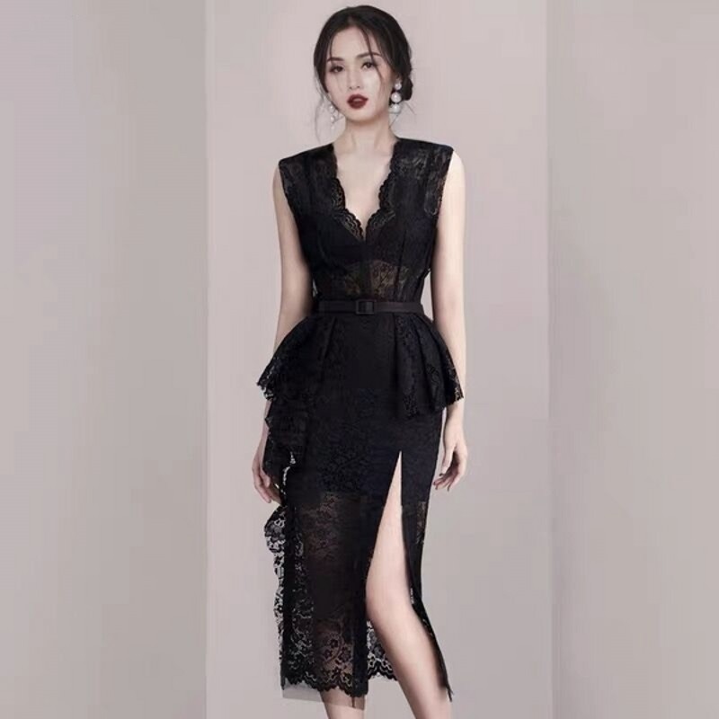 Retro Elegant Ladies Ruffles Black Pencil Dress Summer Women sleeveless V-neck High Waist Split Sexy Dresses With Belt 210518