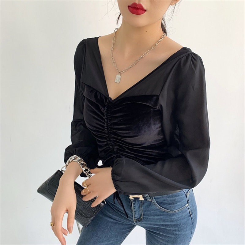 High Waist Autumn V-Neck Lantern Sleeves Slim Velvet Women Sexy Female Basic Brief Tops T-shirt 210421