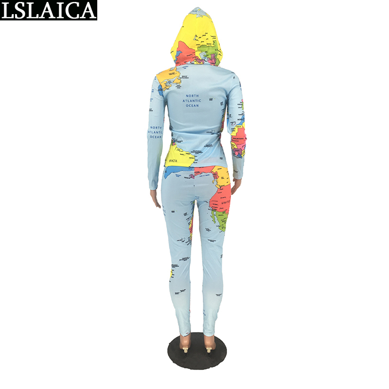 Two-piece Suit Tracksuit for Women Long Pants and Zipper Hooded Tops Set Map Print Female Lounge Wear Casual 2 Piece Autumn 210515