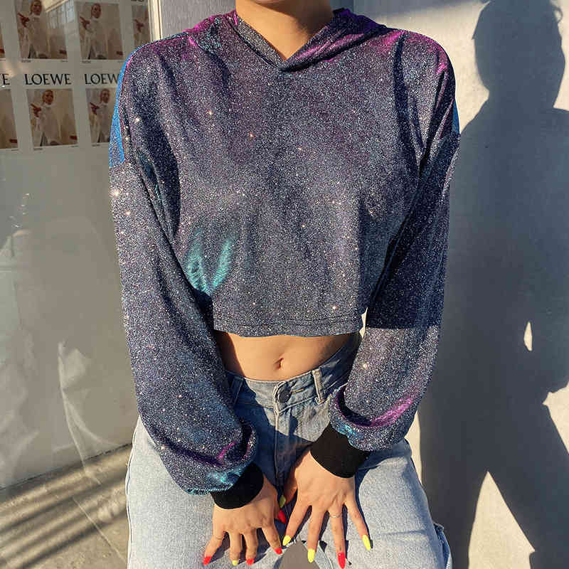 Wonder Lurex Crop Hoodies Sweatshirts Long Sleeve Top Sequined Harajuku Oversized Streetwear Short 210510