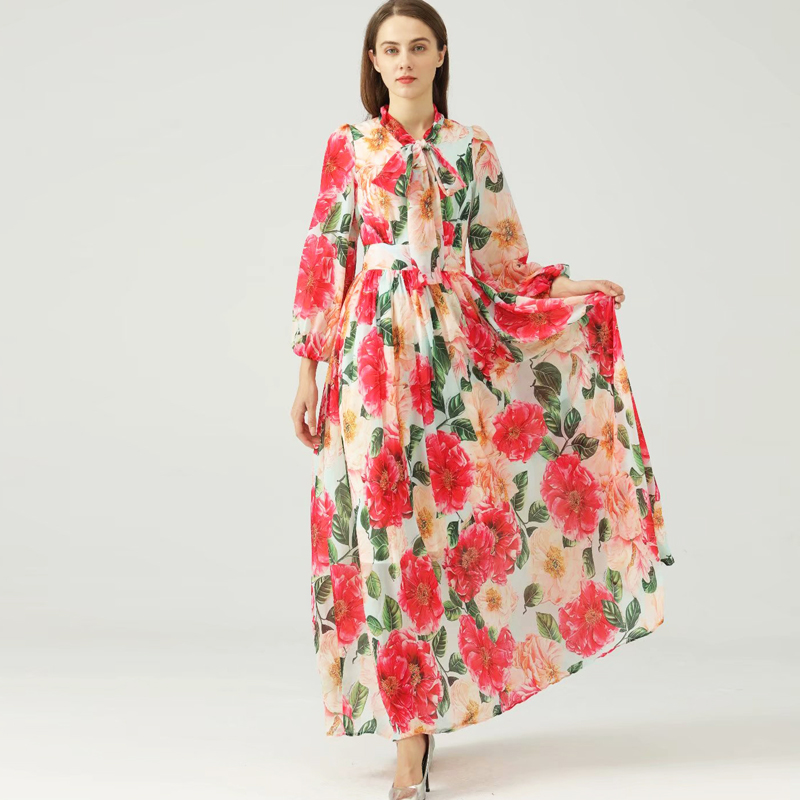 Women's Runway Dresses Lace Up Bow Collar Long Sleeves Floral Printed Elegant Maxi Dress Party Prom