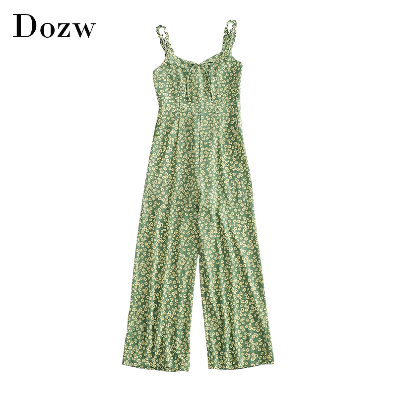 Boho Floral Print Bodysuit Women Bow Tie Spaghetti Strap Holiday Beach Playsuit Ladies Casual Wide Leg Jumpsuit 210414