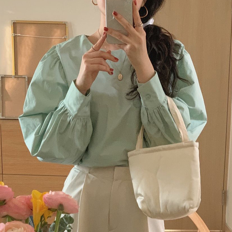 Nomikuma Blouses for Women Korean Solid O-neck Lantern Sleeve Shirt Causal Spring New Blusas Mujer De Moda Verano 6G050 210427