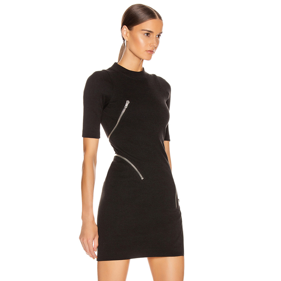 Summer Women Bandage Dress Sexy Short Sleeve Asymmetric Zipper Black Vestidos Celebrity Evening Party 210423