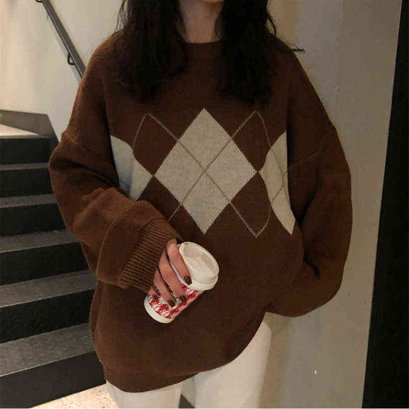 Women Argyle Knitted Sweater Autumn Winter O-Neck Oversized Pullovers Korean Preppy Style Loose Jumper Female Casual Sweaters 211218wtt