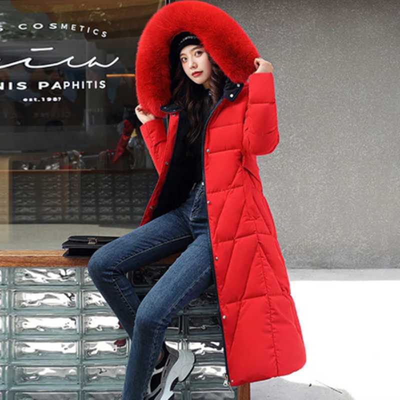 Long Down Cotton Jacket Thicken Winter Woman Coat Plus size Loose Warm Outerwear Big Fur collar Hooded Women Parka 210819