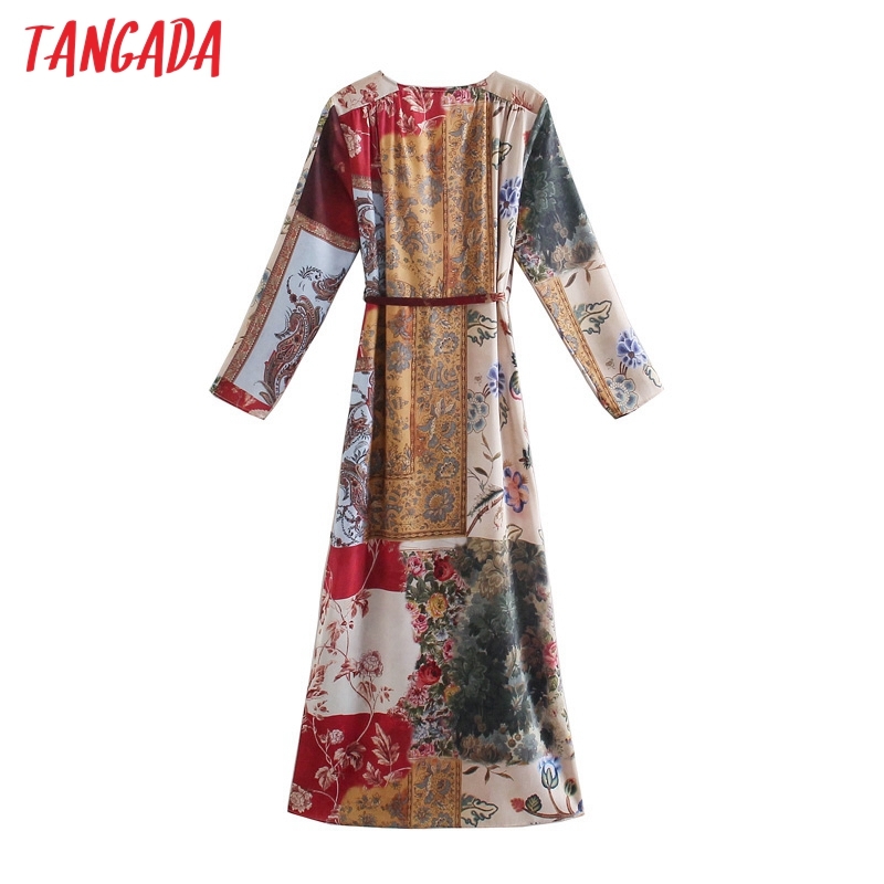 Fashion Women Floral Print with Slash Vintage Long Sleeve Ladies Dress 5Z70 210416