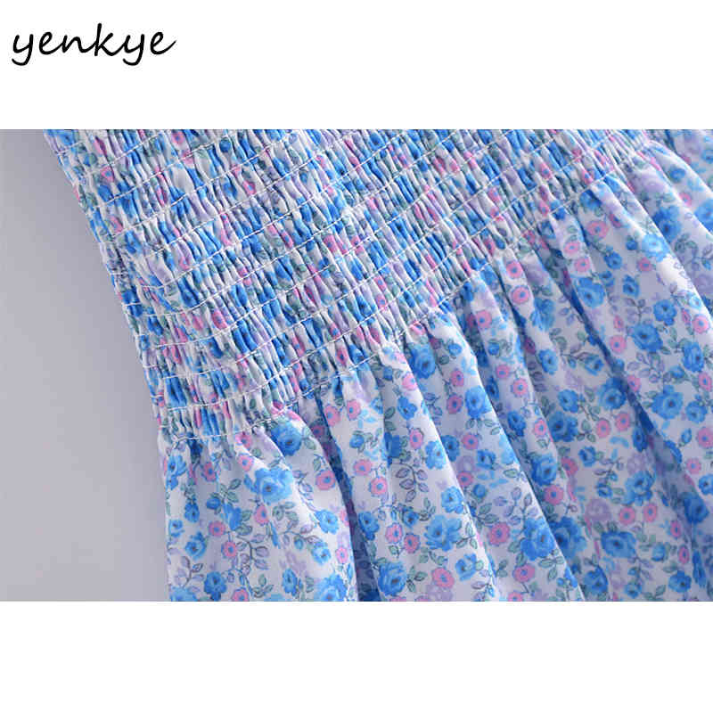 YENKYE Summer Women Blue Floral Print Dress Female Puff Sleeve Elastic Clothes Casual Slim Mini Vestido 210515