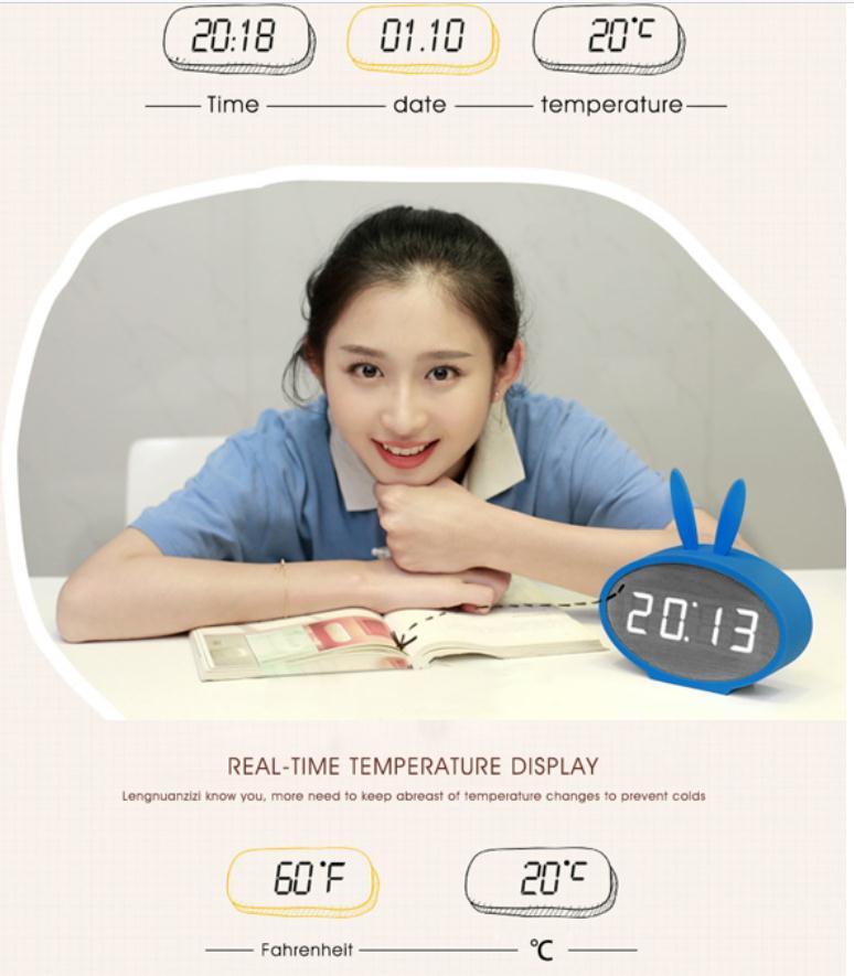 Cartoon Bunny Ears LED Wooden Digital Alarm Clock Voice Control Thermometer Display Blue