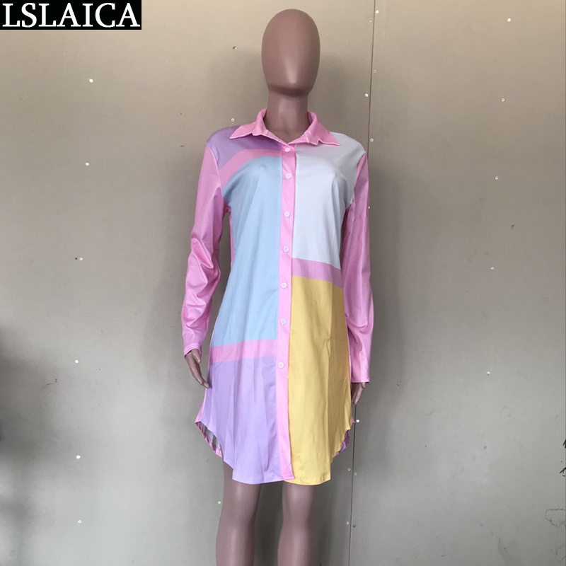 Long Sleeve Shirt Dress Turn-down Collar Colorful Patchwork Button Woman Streetwear Casual Chic Fashion Mini Summer 210515