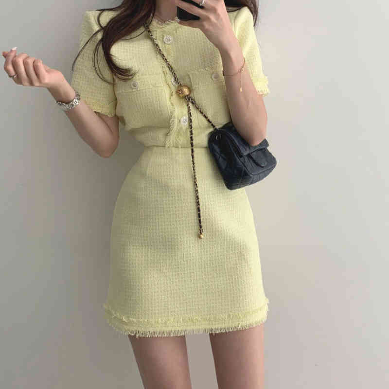 Nomikuma Korean Elegant Two Pieces Outfits Short Sleeve Pockets Cardigan Tops + High Waist Mini Skirt Women Fashion Sets 6H127 210427