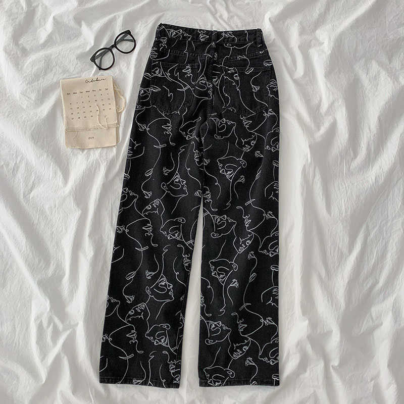 High Waist Jeans Woman Plus Size Street Style Abstract Print Denim Pants Cotton Loose Coated Vintage Washed Boyfriend 210922