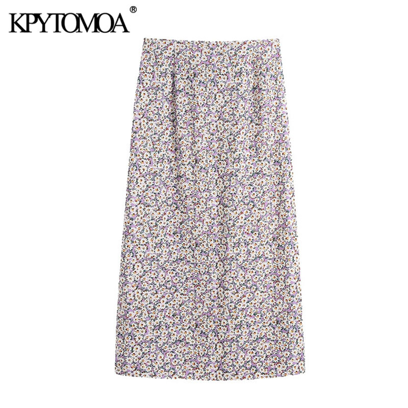Women Chic Fashion With Buttons Floral Print Midi Skirt Vintage High Waist Vents Hem Female Skirts Mujer 210416