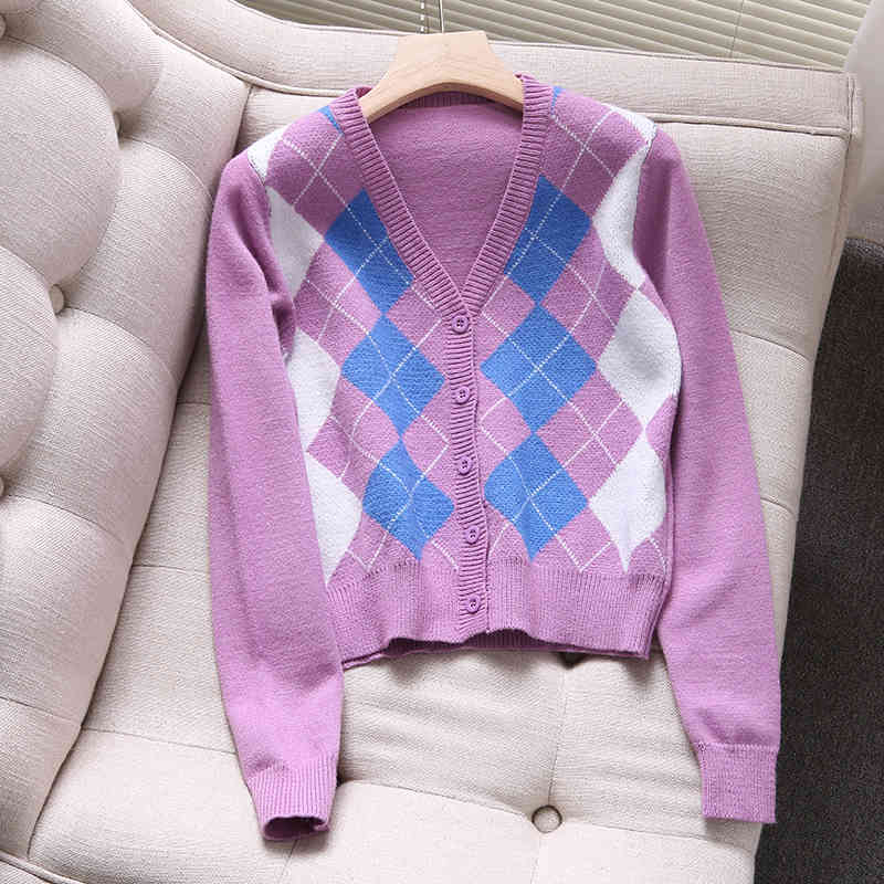 Elegant Women V-neck Button Sweater Autumn Fashion Ladies Plaid Female Sweet Girls Slim Cardigans Chic 210430