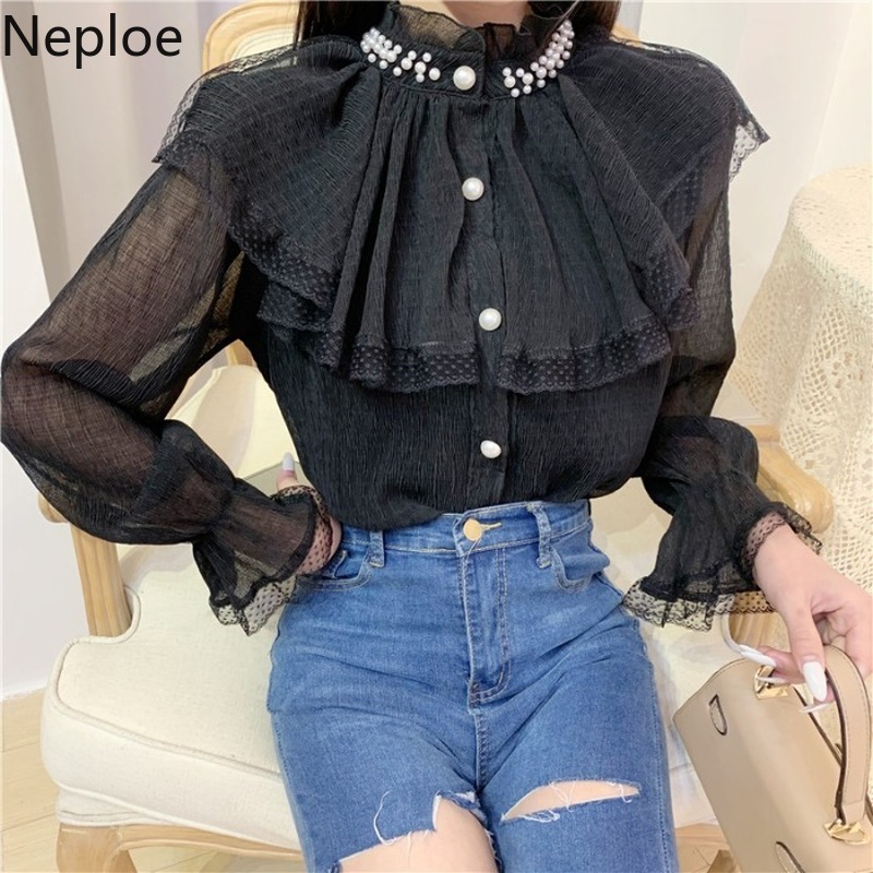 Neploe Fashion Lace Women Shirts Spring Clothes Blouses Half Urtleneck Ruffles Lantern Sleeve Blouse Elegant Beading Blusas Tops 210422