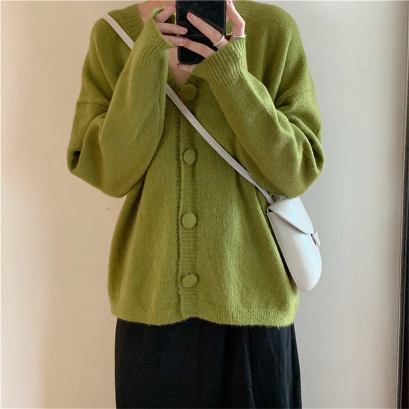 Selling Casual Solid Students Cardigans Fashion All-Match Knitted Office Lady Feminine Chic Loose V-Neck Sweaters 210421