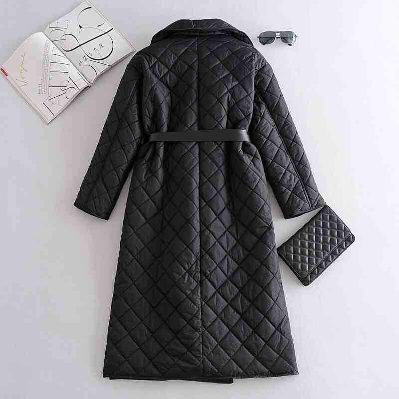 Winter Lapel Quilting Plaid Stay Warm Parka Coat With Belt Women Extra long Trench Jacket Outerwear Elegant Black 210429