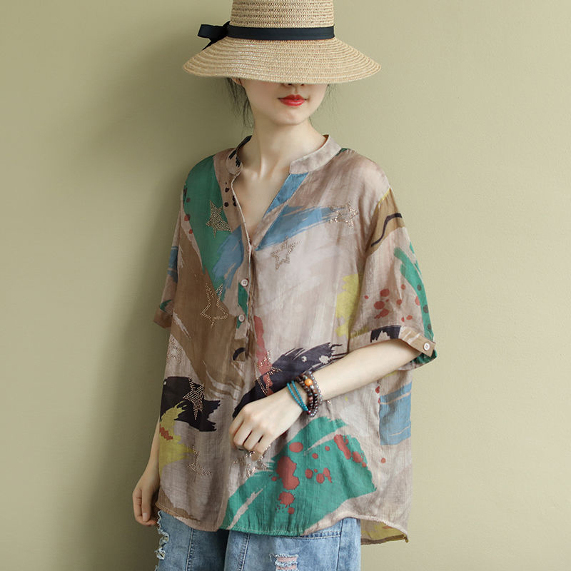 2021 Summer New Arts Style Plus Size Women Short Sleeve Loose Shirts Cotton Vintage Print V-neck Blouses Femme Blusas M07, Picture color
2021 Summer New Arts Style Plus Size Women Short Sleeve Loose Shirts Cotton Vintage Print V-neck Blouses Femme Blusas M07, Picture color