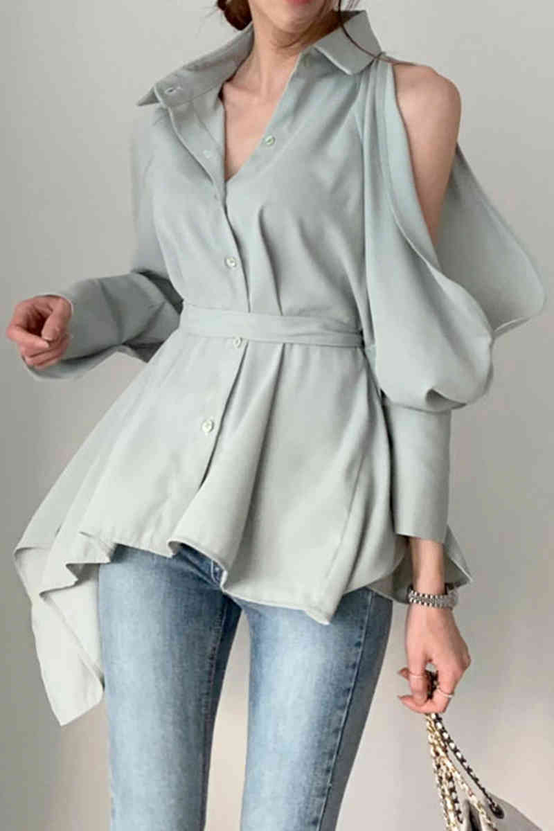 Women Blouse Lady Hollow Out Turn Down Collar Fashion Shirts Blusa Off Shoulder Spring Summer Sexy Solid Tops 210519