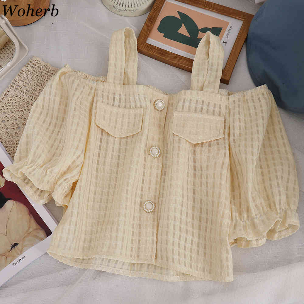 Off Shoulder Shirt Women Summer Blouses Slash Neck Spaghetti Strap Crop Tops Korean Sweet Short Sleeve Blusas Mujer 210519