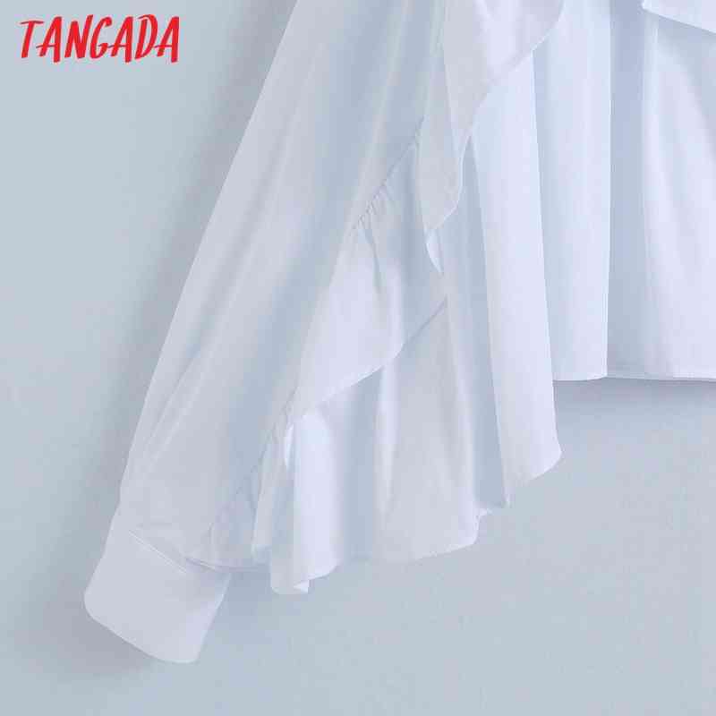 Women Ruffles White Shirts Long Sleeve Turn Down Collar Elegant Ladies Crop Tops 6Z73 210416