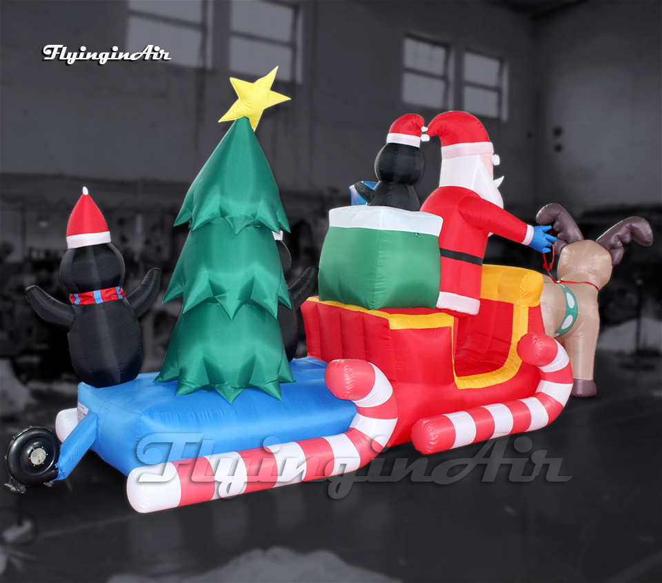 Customized Xmas Character Inflatable Santa Claus Delivering Gifts In A Sleigh Pulled By Reindeers For Christmas Eve Decoration