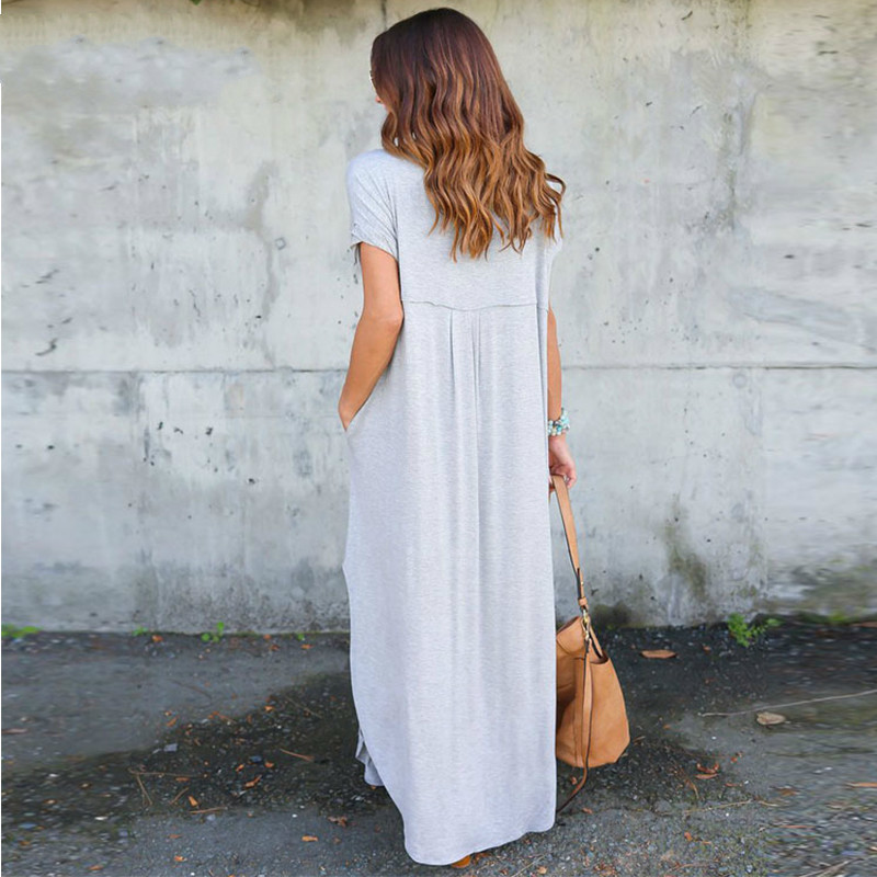 Tataria Women's Casual Loose Pocket Long Dress Short Sleeve es T Shirt Solid Color Vintage V-neck 210428