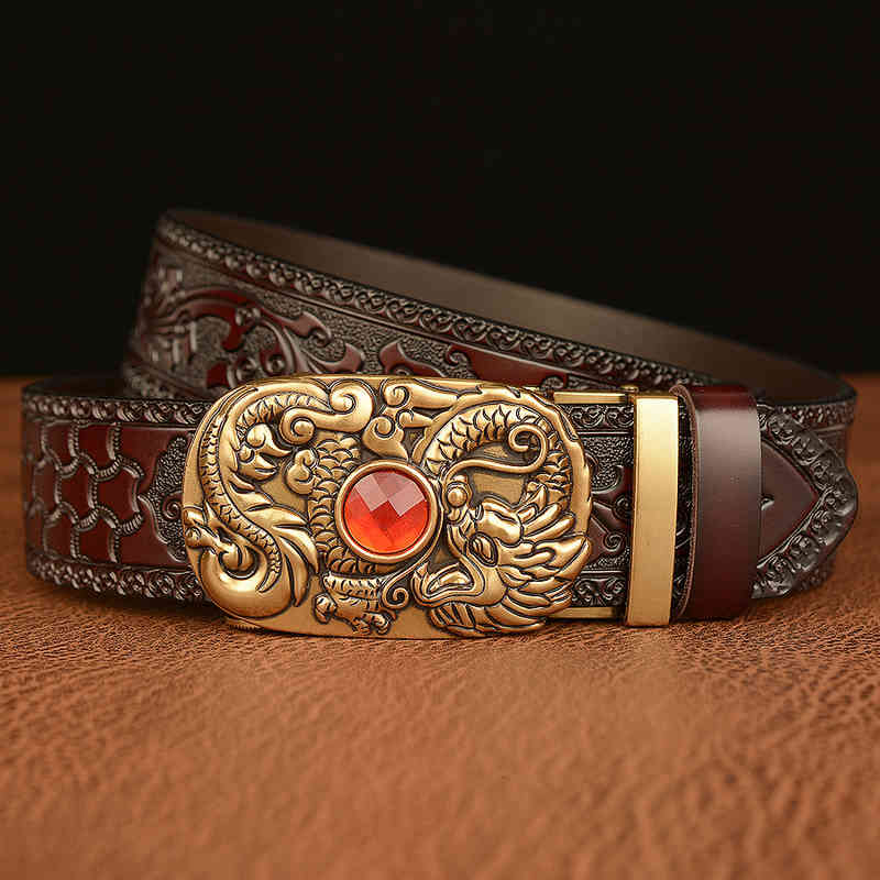 Waist Belt s Buckles National Style Tang Grass Pattern Carved Men's Genuine Cow Leather Personality Dragon Spitting Pearl Automatic Buckle Trouse
